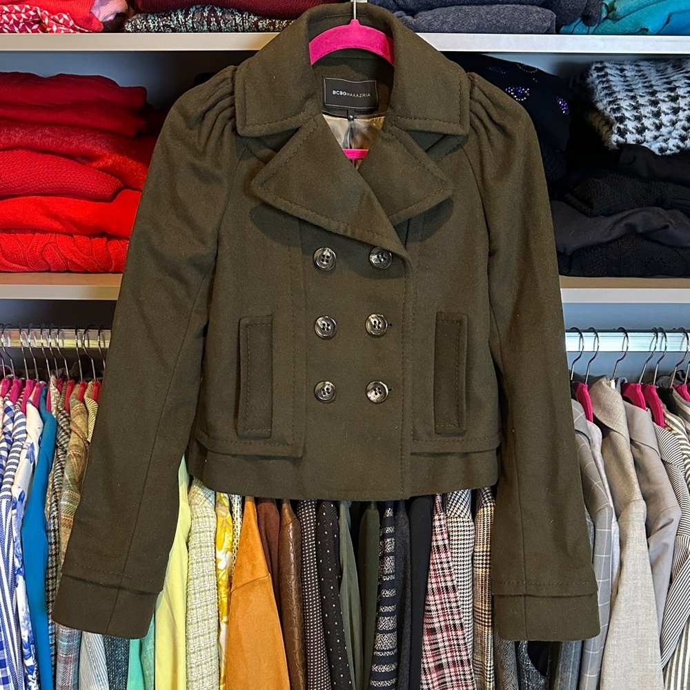 Bcbgmaxazria Olive 2 Pocket Cropped Pea Coat Size Xs Nwt